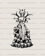 Demon girl tattoo stencil with gothic witch vibe, dark fantasy wings and skulls, detailed line art for thigh, back, or chest placements.