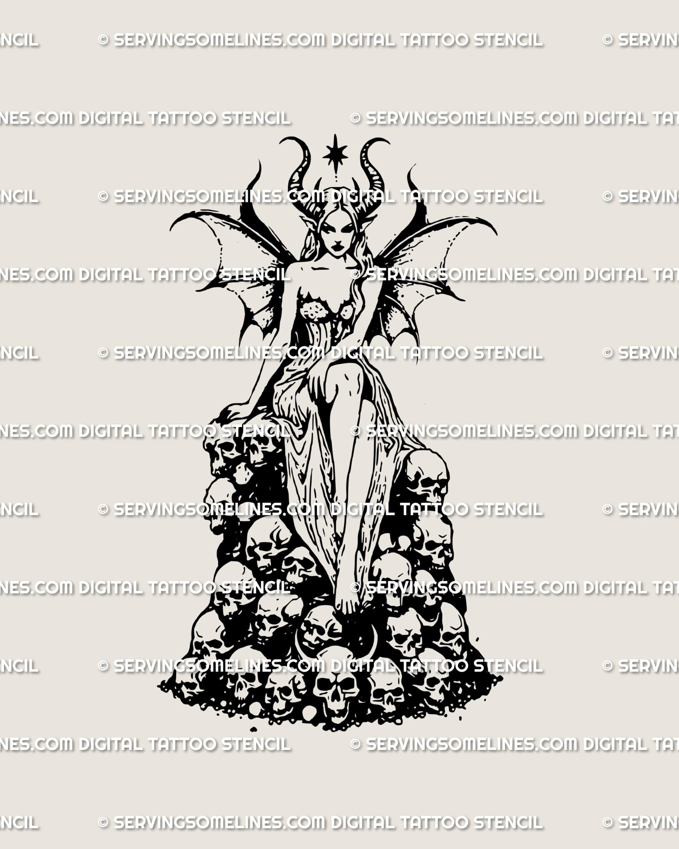 Demon girl tattoo stencil with gothic witch vibe, dark fantasy wings and skulls, detailed line art for thigh, back, or chest placements.