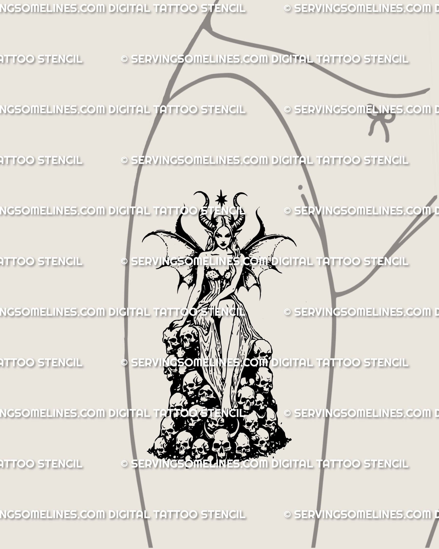 Demon girl tattoo stencil on thigh with horns, wings, and skulls, a gothic witch tattoo design mixing dark fantasy and feminine power.