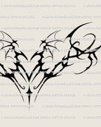 close detailed view of demonic blackwork womb sigil tattoo stencil showing solid heart, sharp wings, and clean bold lines for high quality transfer