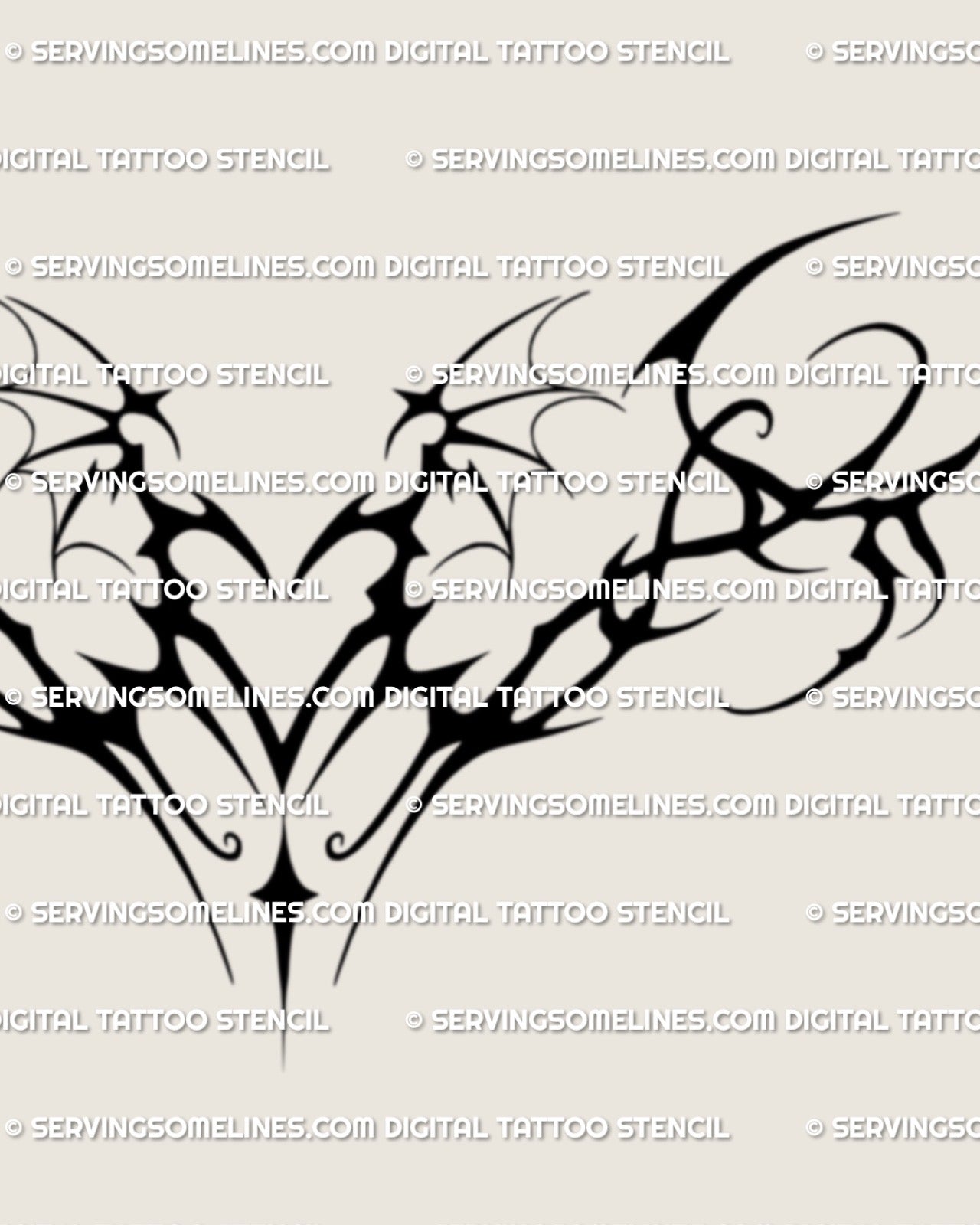 close detailed view of demonic blackwork womb sigil tattoo stencil showing solid heart, sharp wings, and clean bold lines for high quality transfer
