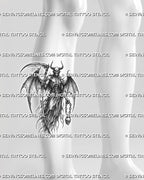 Demonic tattoo stencil shown on calf, with horned skull detail, torn wings, and a tall vertical scythe layout.