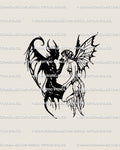 Devil and fairy lovers tattoo stencil blackwork gothic line art, symbolic dark romance digital tattoo design