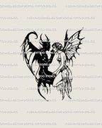 Devil and fairy lovers tattoo stencil blackwork gothic line art, symbolic dark romance digital tattoo design