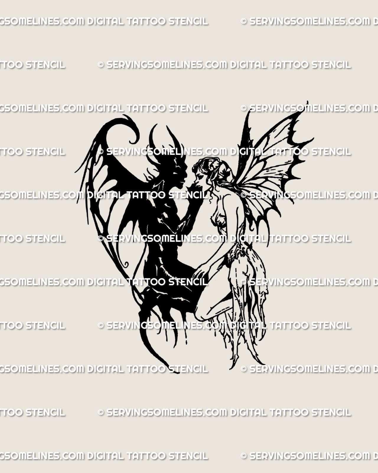 Devil and fairy lovers tattoo stencil blackwork gothic line art, symbolic dark romance digital tattoo design