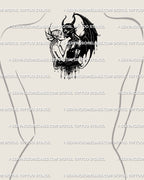 Upper back devil and angel tattoo design, digital gothic lovers stencil ready to print, symbolic romantic linework.