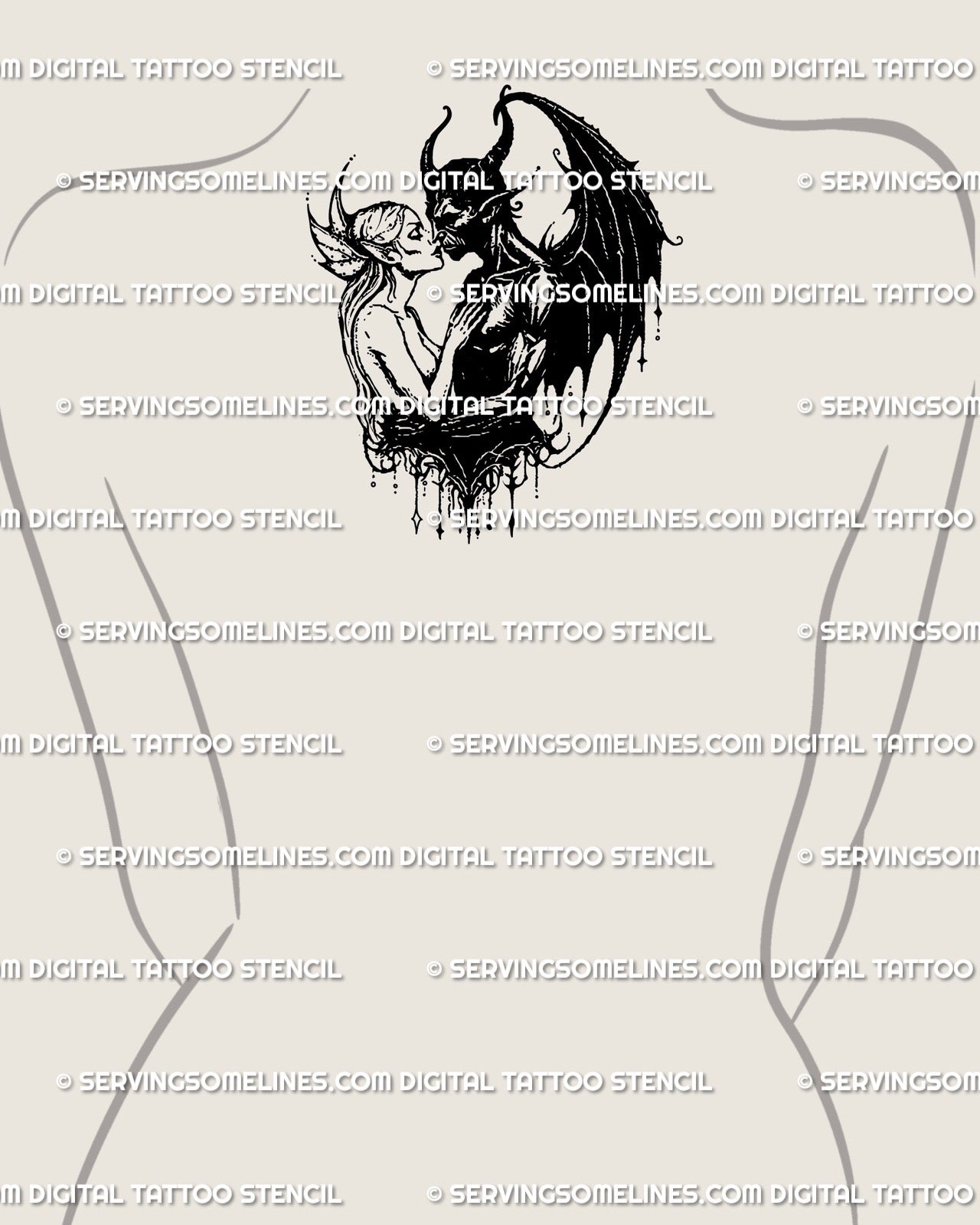 Upper back devil and angel tattoo design, digital gothic lovers stencil ready to print, symbolic romantic linework.