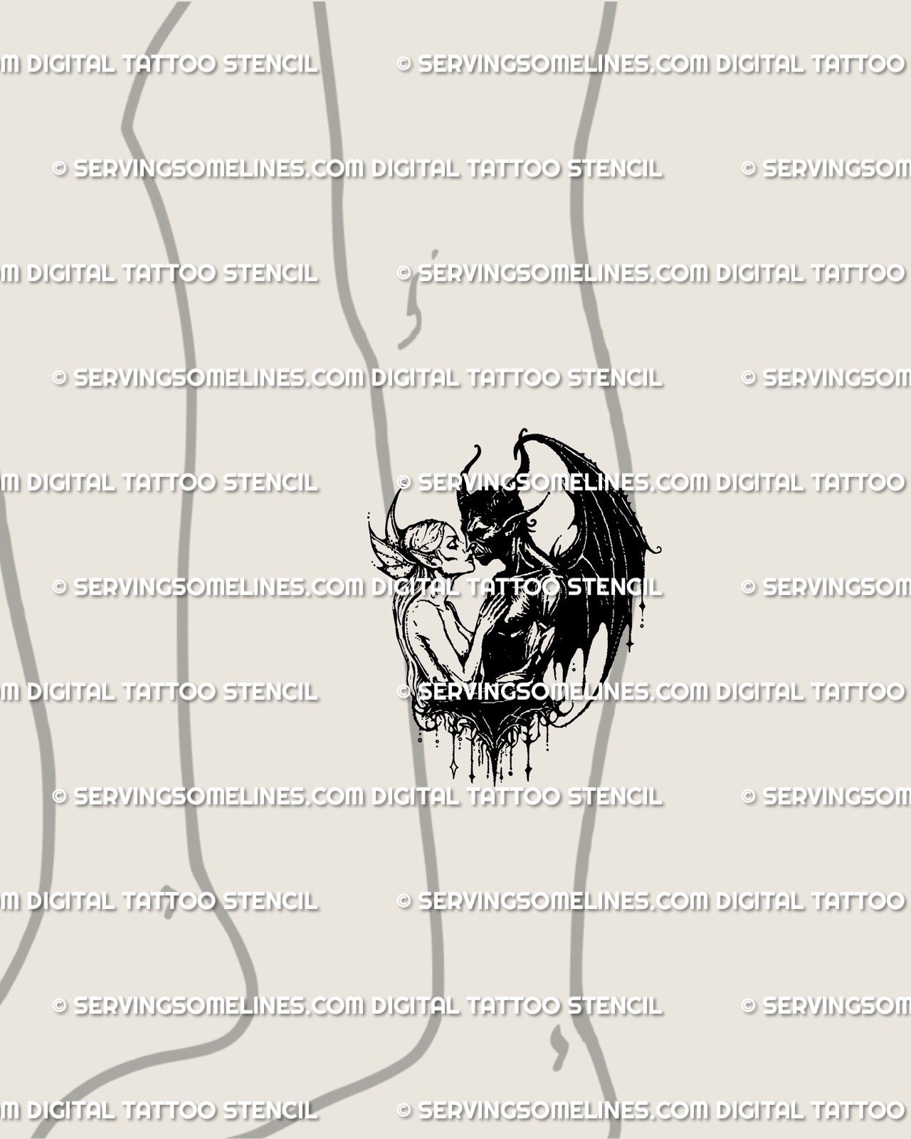 Leg placement devil and angel tattoo stencil, digital lovers design with romantic gothic symbolism, ready to print.