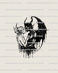 Devil and angel lovers tattoo stencil in gothic linework, detailed blackwork design symbolizing passion and duality.
