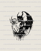 Devil and angel lovers tattoo stencil in gothic linework, detailed blackwork design symbolizing passion and duality.