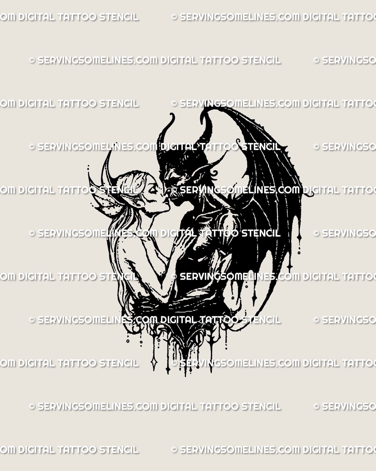 Devil and angel lovers tattoo stencil in gothic linework, detailed blackwork design symbolizing passion and duality.