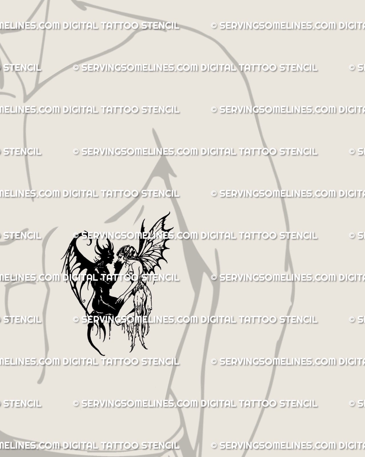 Devil fairy lovers digital tattoo stencil shown on male ribs, gothic romance couple design blackwork fantasy art