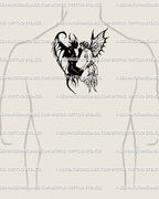 Devil and fairy lovers tattoo stencil displayed on male upper back near neck, gothic digital blackwork fantasy design