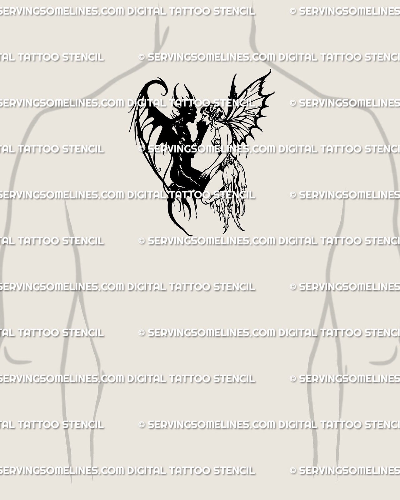 Devil and fairy lovers tattoo stencil displayed on male upper back near neck, gothic digital blackwork fantasy design