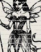 Close up of devil fairy tattoo stencil with horned silhouette, demon wings and heart staff, high detail gothic fantasy art shown as digital stencil design.