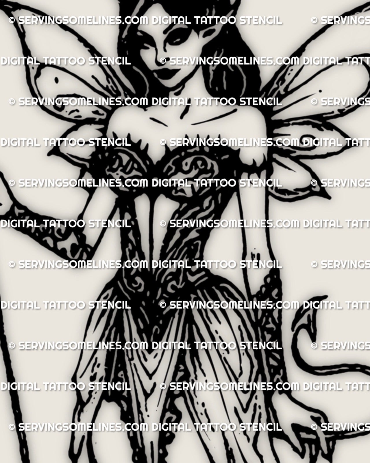 Close up of devil fairy tattoo stencil with horned silhouette, demon wings and heart staff, high detail gothic fantasy art shown as digital stencil design.