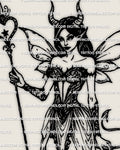 Devil fairy tattoo stencil with horns, wings and heart staff, gothic demon girl design shown as digital fantasy tattoo artwork for dark feminine styles.