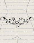 Devil heart lower back tattoo stencil shown on female lower back placement example, with dark pointed ornament and body-fit spread.