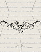 Devil heart lower back tattoo stencil shown on female lower back placement example, with dark pointed ornament and body-fit spread.
