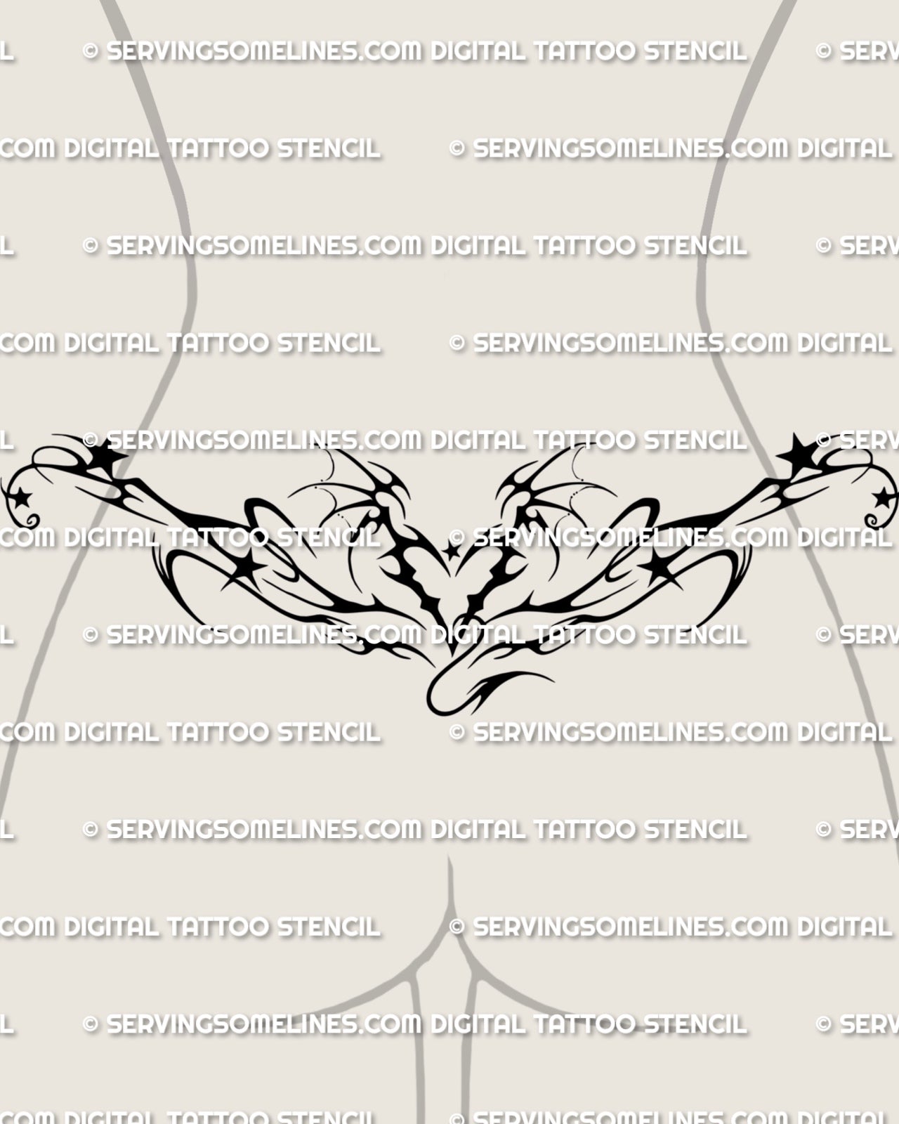 Devil heart lower back tattoo stencil shown on female lower back placement example, with dark pointed ornament and body-fit spread.