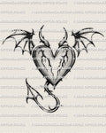 Devil heart tattoo stencil with small horns, wing accents, and pointed tail, clean black linework made for stencil transfer