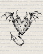 Devil heart tattoo stencil with small horns, wing accents, and pointed tail, clean black linework made for stencil transfer