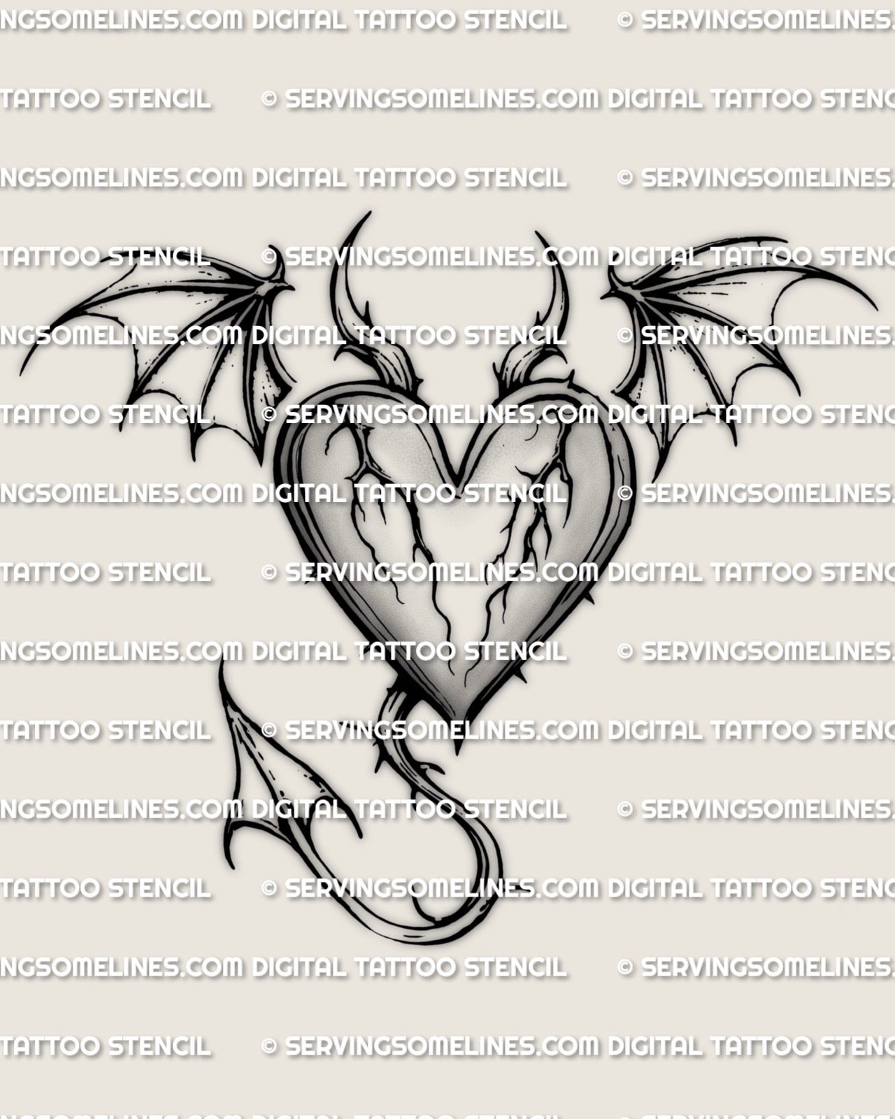 Devil heart tattoo stencil with small horns, wing accents, and pointed tail, clean black linework made for stencil transfer