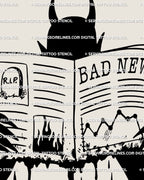 Unique blackwork devil tattoo stencil with newspaper detail and dripping effect, dark humor body art idea for arm, leg, or torso placement