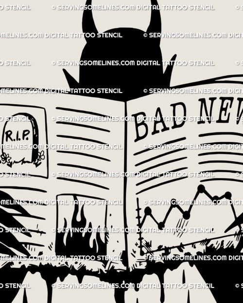 Unique blackwork devil tattoo stencil with newspaper detail and dripping effect, dark humor body art idea for arm, leg, or torso placement