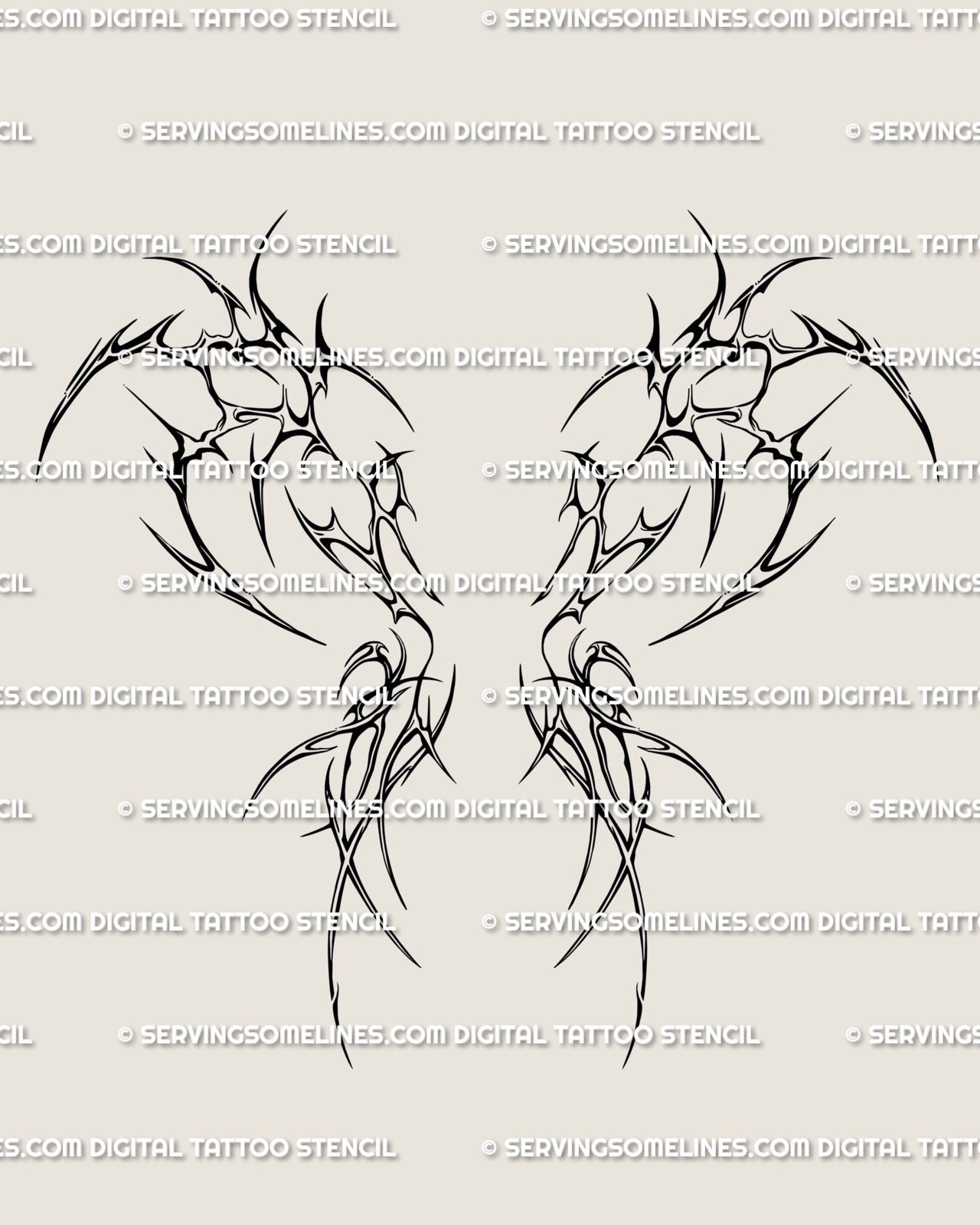 Devil wings cyber tribal tattoo stencil design with razor-edged wings and a bold back-centered silhouette for digital download