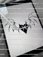 Digital bat wings heart tattoo stencil file on iPad, gothic heart with barbed wire wings and clean black line design. 