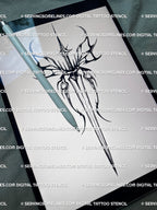 Digital blackwork butterfly dagger tattoo file displayed on iPad, minimal gothic stencil ready for artists. 