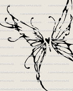 Digital butterfly heart tattoo design, cyber sigilism fairy wings stencil line art for gothic feminine or minimal tattoo lovers.