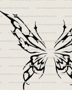 Digital butterfly tattoo design with heart-like core, ornamental witchcore cybersigil wings line art for tattoo artists. 