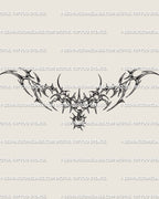 Digital cyber sigilism tattoo stencil artwork with spiky heart and chain symmetry, gothic neotribal inspired chest design. 