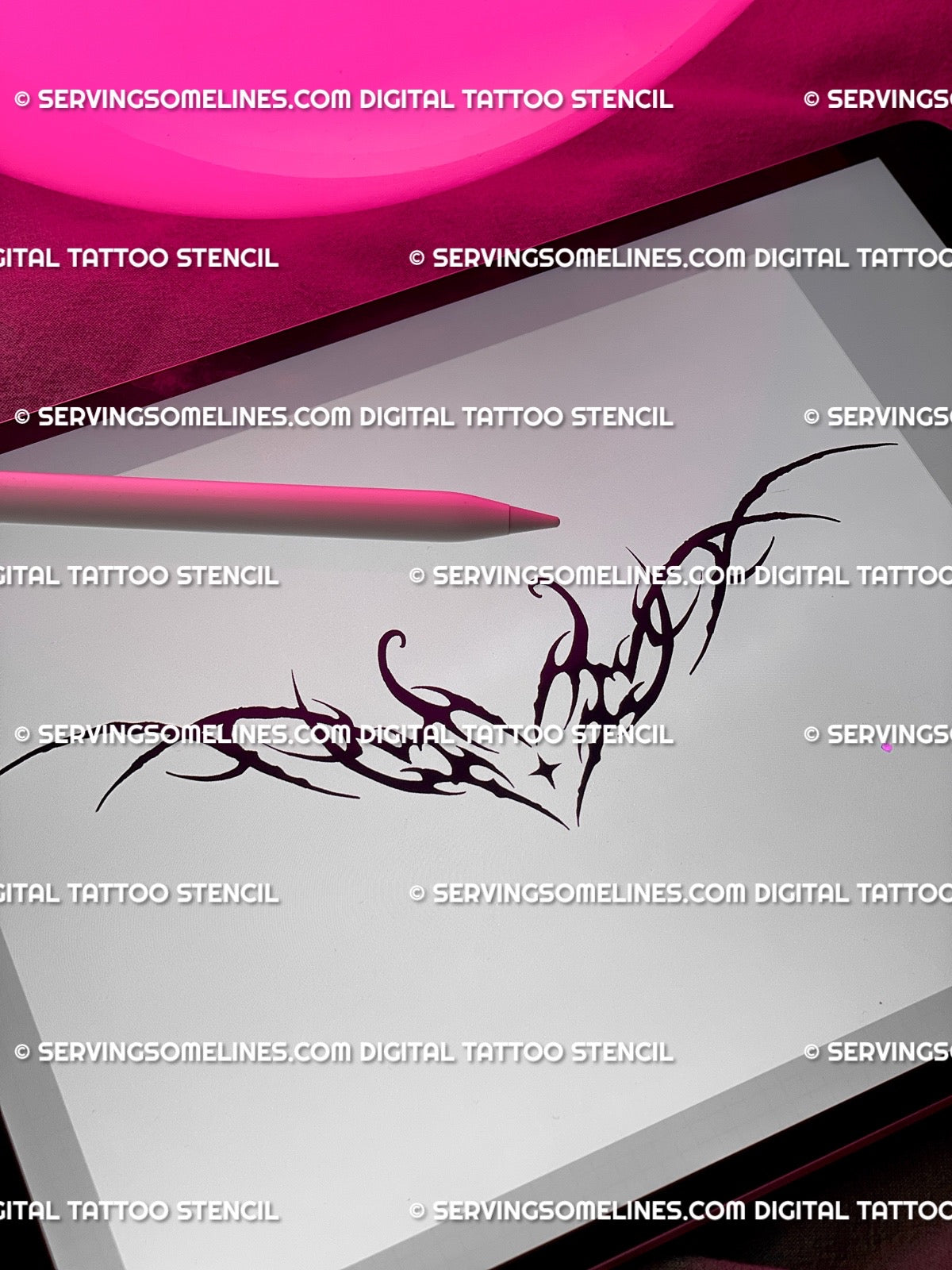 Digital flaming heart tattoo stencil shown on iPad, printable cyber sigilism fire design with neotribal blackwork line art.