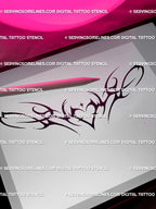 Digital neotribal heart tattoo stencil previewed on iPad, cyber sigilism design ready for download and printing.