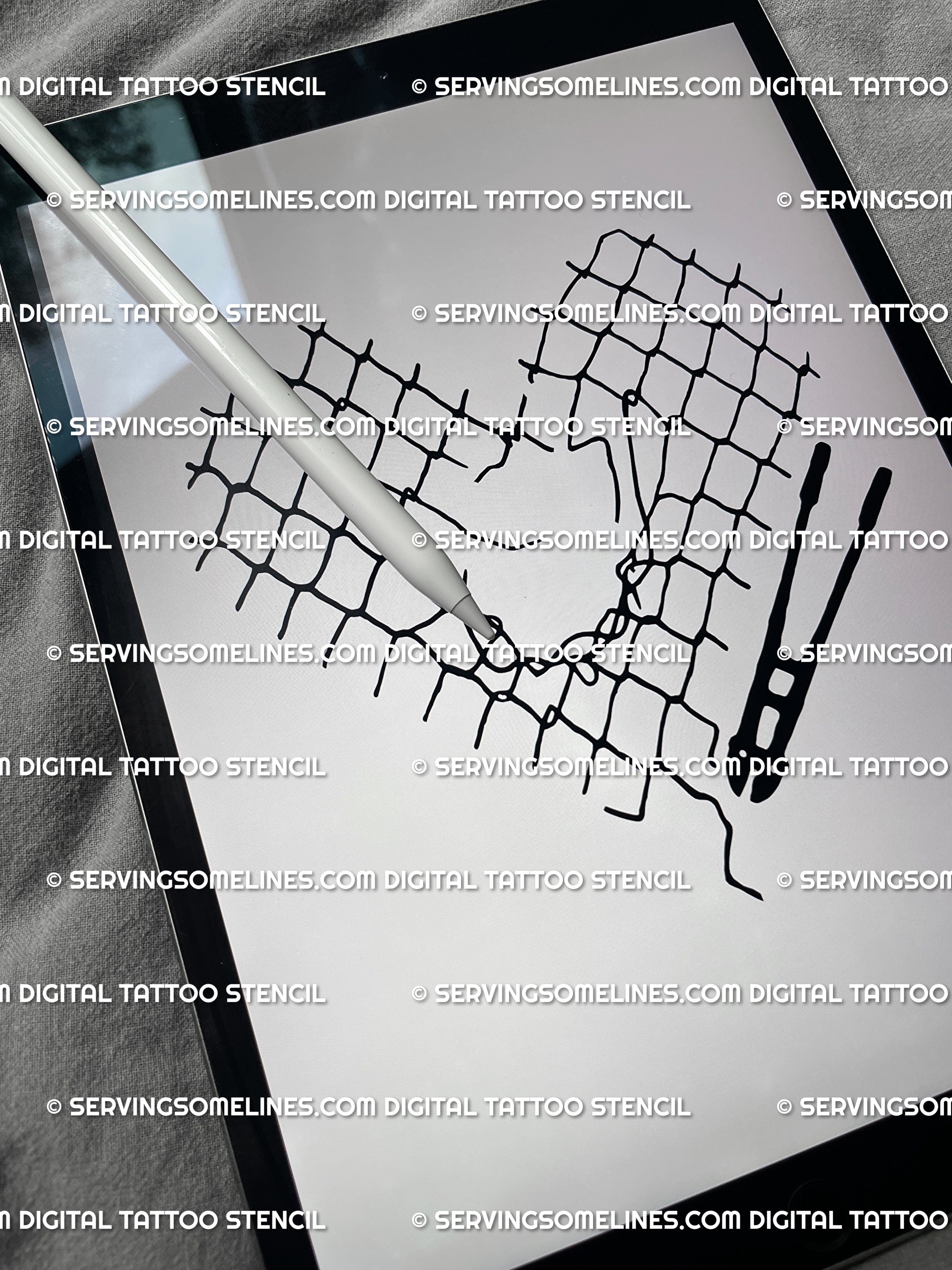 Digital chain link heart tattoo stencil with clean bold lines, a gothic heart tattoo design ready for print and transfer.