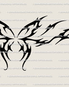 Digital butterfly tattoo stencil download featuring flaming cyber-tribal wings, gothic Y2K neotribal linework, clean symmetrical form.