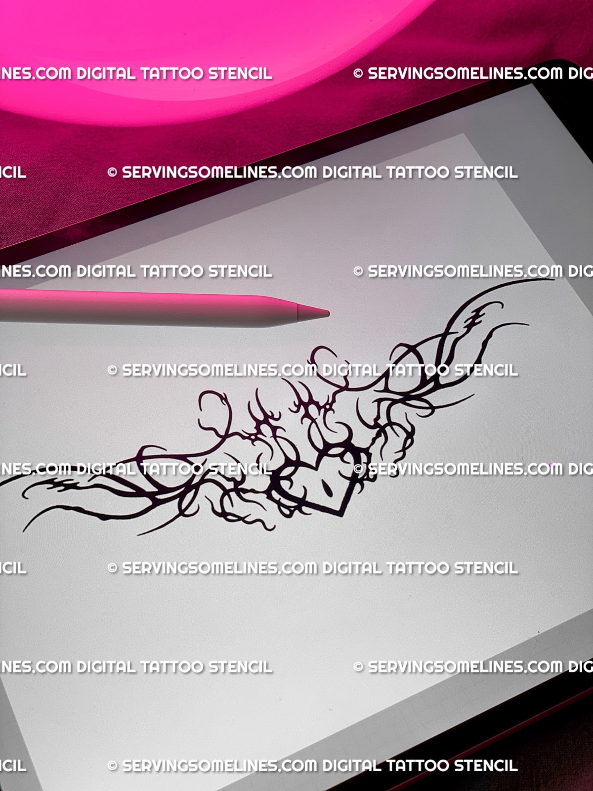 Digital Pisces tattoo stencil displayed on iPad, printable cyber sigilism heart design for zodiac water-sign tattoos.