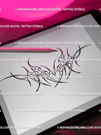Digital Sagittarius heart tattoo stencil previewed on iPad, neotribal zodiac design for instant download and printing.