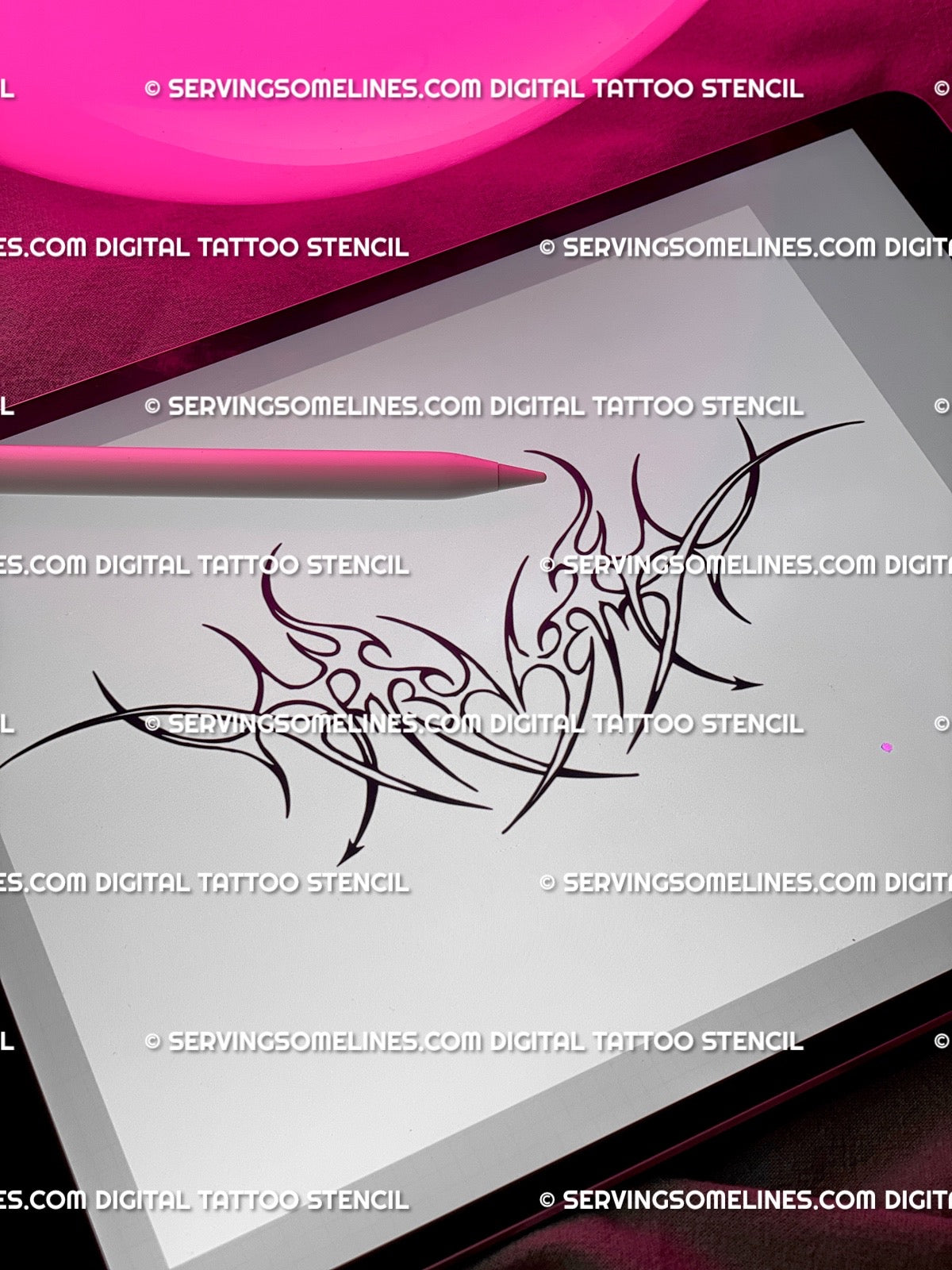 Digital Sagittarius heart tattoo stencil previewed on iPad, neotribal zodiac design for instant download and printing.