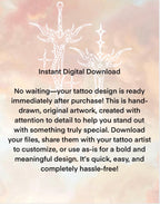 Instant digital download files for tattoo stencil designs by SERVINGSOMELINES, includes PNG, JPEG, and PDF for tattoo artists or personal use.