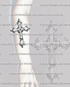 Distressed cross stencil shown on forearm placement with clean outer shape, fractured texture, and weathered stone detail.