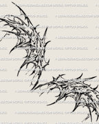 Distressed demon wing tattoo stencil design with torn wing shapes, horror style linework, and lower back placement intent