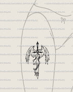 Divine justice sword tattoo art placed on the front thigh; celestial linework and protective wings, bold vertical motif ready to size.
