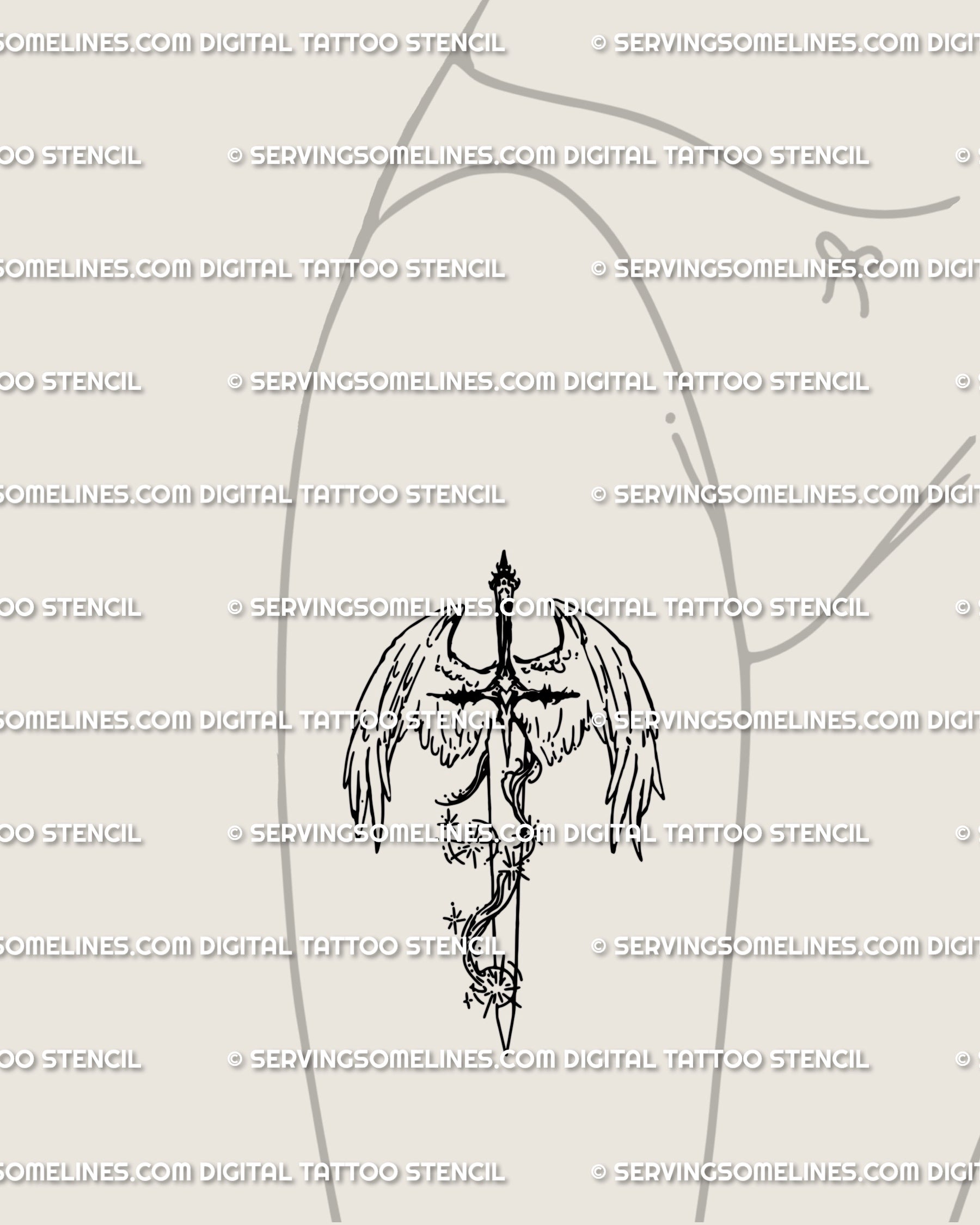 Divine justice sword tattoo art placed on the front thigh; celestial linework and protective wings, bold vertical motif ready to size.