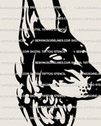 Doberman tattoo stencil displayed as a simple outline preview. Gothic dog head linework with bold neotribal styling ready for printing.
