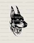 Doberman tattoo stencil shown as a clean linework digital preview. Bold gothic dog head outline with sharp neotribal edges.