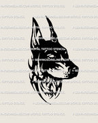 Doberman tattoo stencil shown as a clean linework digital preview. Bold gothic dog head outline with sharp neotribal edges.